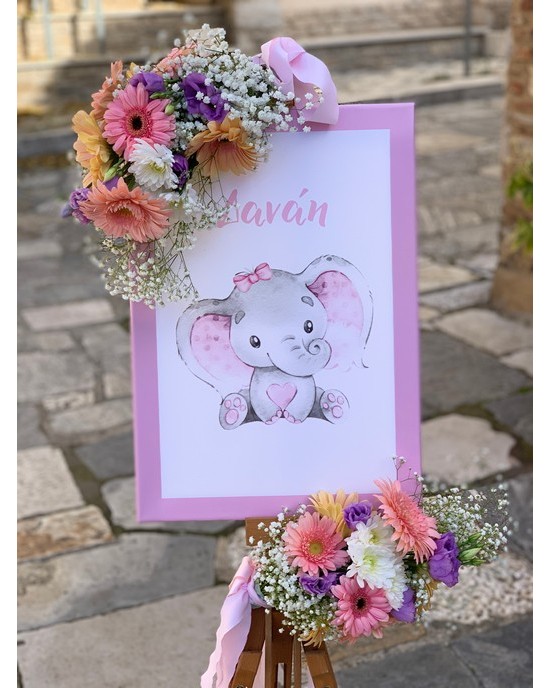 Baptism decoration with flowers and elephant Christening
