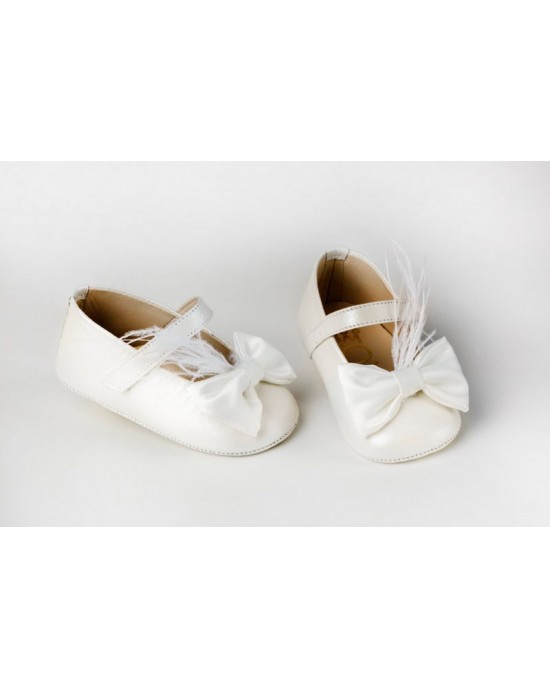 Baby girl hug leather shoes made of  ivory or baby pink leather with satin bow and feathers Christening Shoes