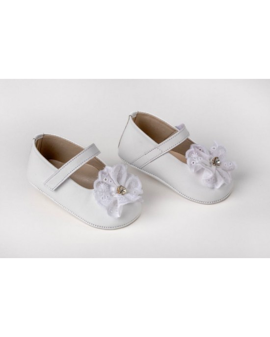Baby girl hug  leather shoes with broderie lace and strass Christening Shoes