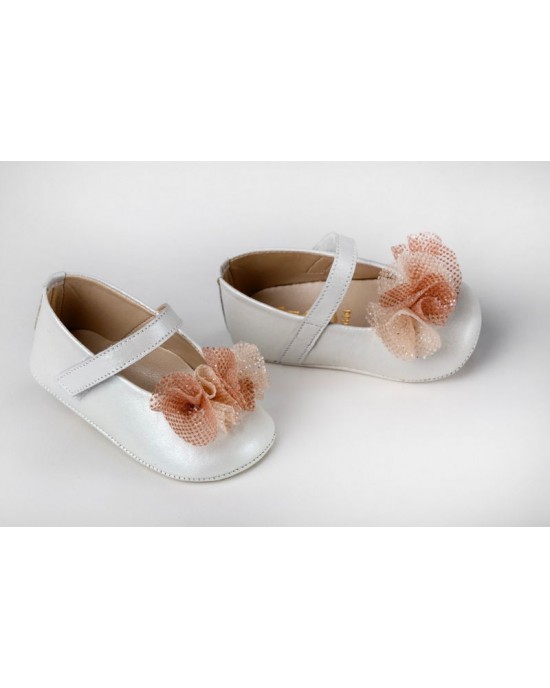 Baby girl hug leather shoes made of ivory leather with glitter fabric  Christening Shoes