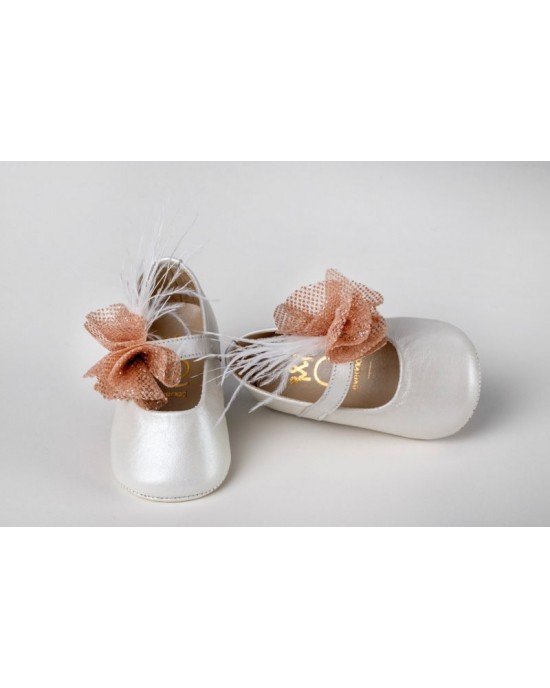 Baby girl hug leather shoes made of ivory or gold leather with glitter fabric and  feathers Christening Shoes