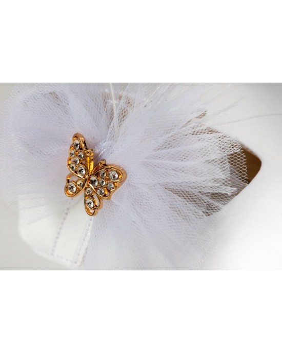 Baby hug shoes made of white or gold leather and, tulle, feathers and butterfly Christening Shoes