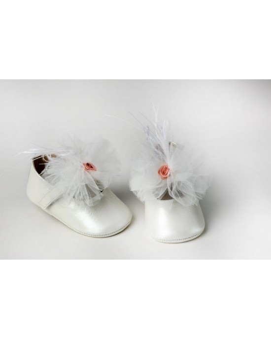 Baby girl hug leather shoes in ivory or dusty pink, with tulle, feathers and rose Christening Shoes
