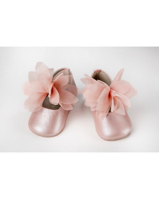 Baby hug shoes made of ivory or baby pink leather with big flower Christening Shoes