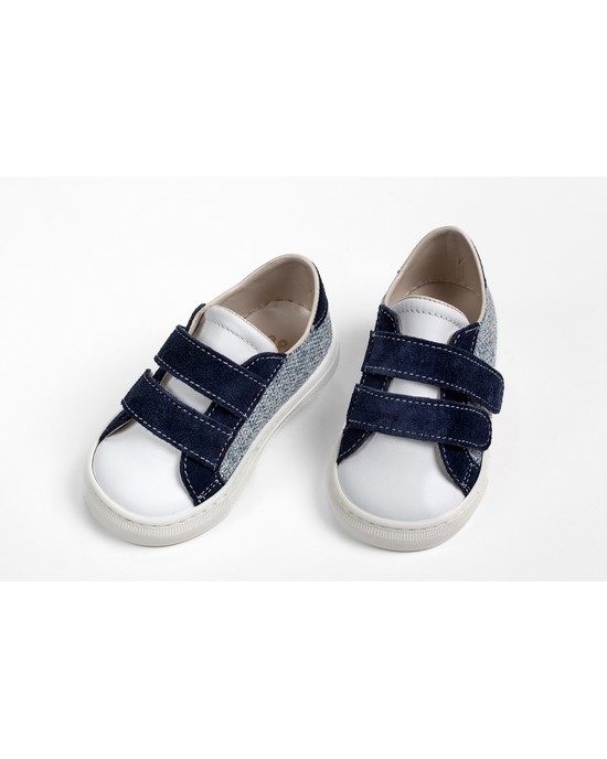 Sneakers walking shoes for boy made of textile ,white leather, suade and  double velcro closing Christening Shoes