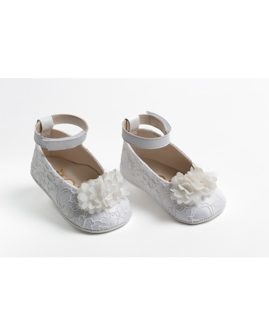 Baby girl hug leather shoes with white lace, decorated with off white flowers Christening Shoes