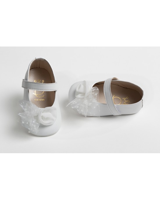 Baby girl hug leather shoes with muselin flower and polkadot tulle Christening Shoes