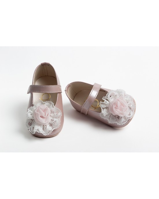 Baby girl hug leather shoes with flower and lace Christening Shoes