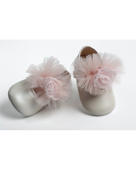 Baby girl hug, leather shoes in ivory, decorated with muselin and off white tulle Christening Shoes