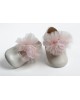 Baby girl hug, leather shoes in ivory, decorated with muselin and off white tulle Christening Shoes