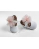 Baby girl hug leather shoes decoarted with glitter tulle, pearls and off white feathers Christening Shoes