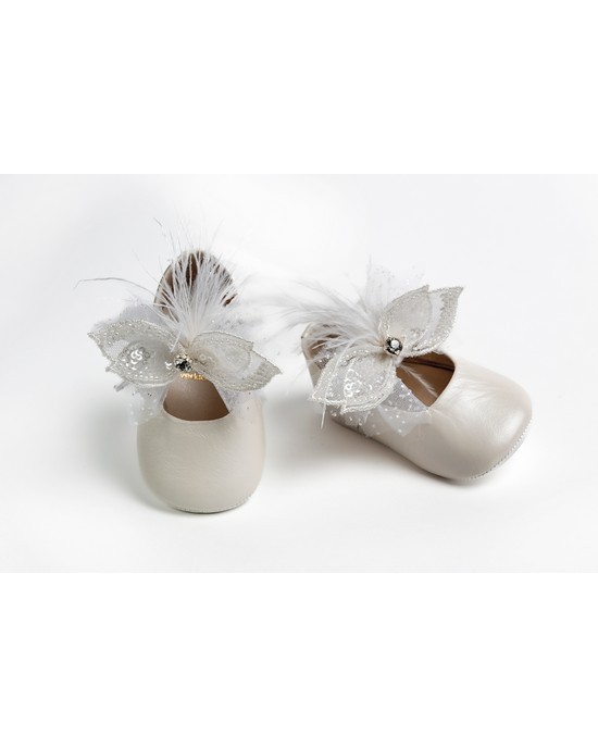 Baby girl hug shoes made of leather decorated with embroidery with strass, sequins and feathers Christening Shoes