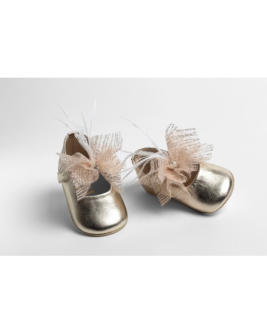 Baby girl hug shoes made of  leather and decorated with glitter tulle, strass and feathers Christening Shoes