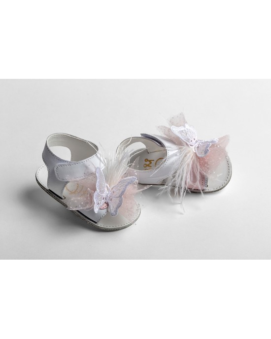 Baby girl hug leather sandals, decorated with  glitter tulle, butterfly and feathers Christening Shoes