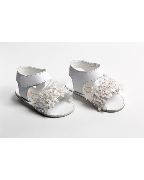 Baby girl hug leather sandals, decorated with pearls and sequins Christening Shoes
