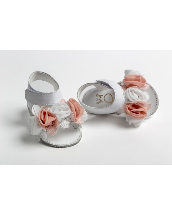 Baby girl hug leather sandals, decorated with flowers made of muslin Christening Shoes
