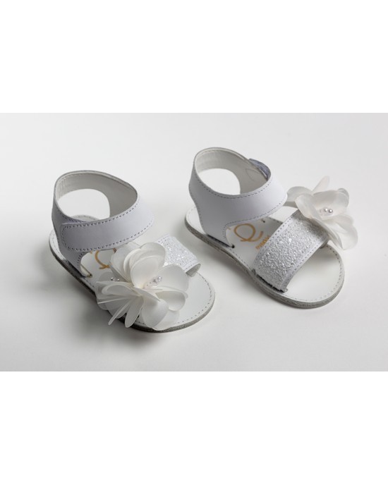 Baby girl hug leather sandals, decorated with glitter and flower Christening Shoes