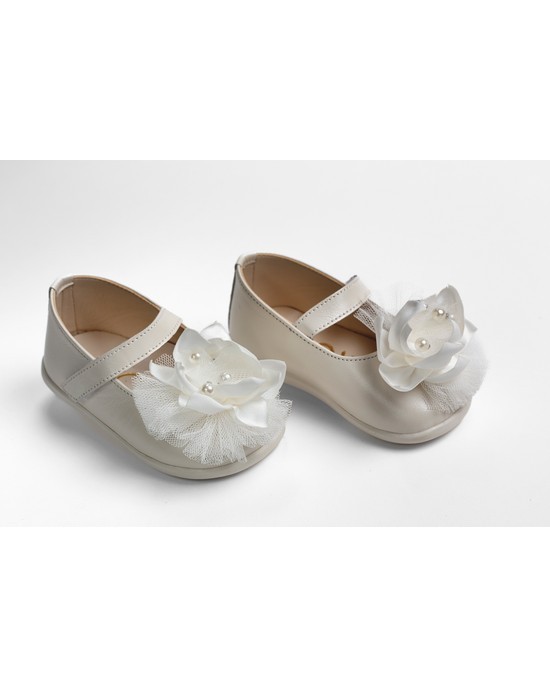 First steps baby girl leather shoes decoarated with satin flower, pearls and tulle Christening Shoes