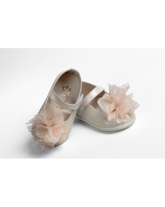 First steps baby girl leather shoes decorated with muselin and glitter tulle Christening Shoes