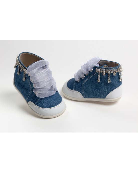 Baby girl first steps boot shoes made of blue jean, leather and strass Christening Shoes