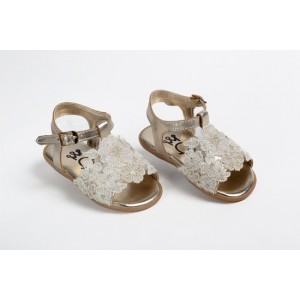 Baby girl first steps gold  leather sandals shoes with ivory-gold lace