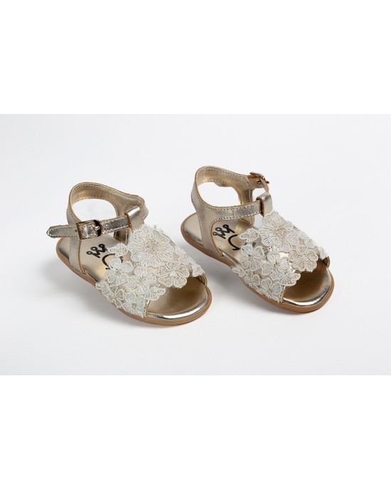 Baby girl first steps gold  leather sandals shoes with ivory-gold lace Christening Shoes