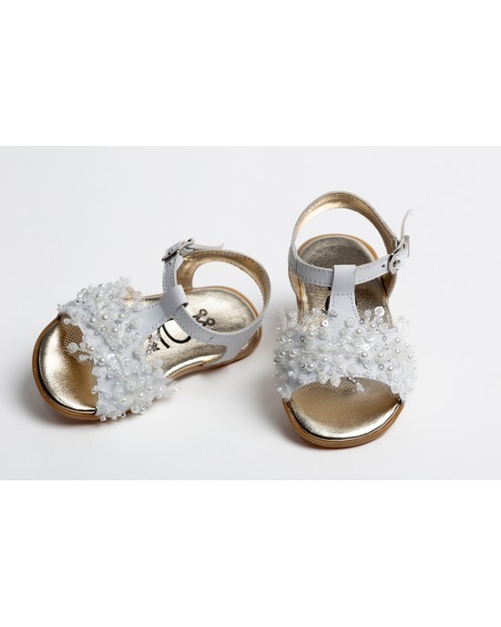 Baby girl first steps white leather sandals shoes with sequins and pearls Christening Shoes
