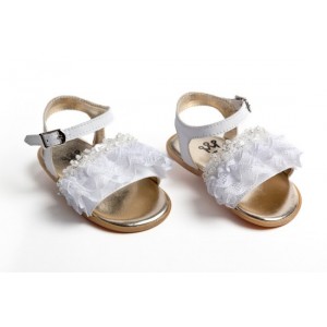 Baby girl first steps white leather sandals shoes with lace and pearls