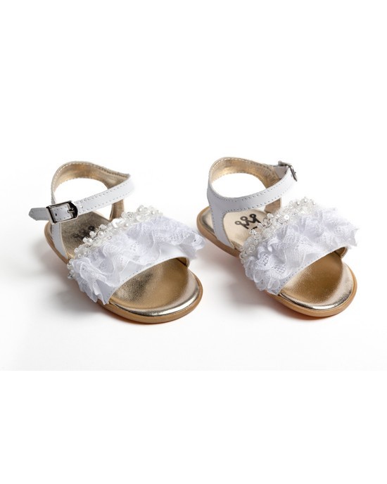 Baby girl first steps white leather sandals shoes with lace and pearls Christening Shoes
