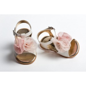 Baby girl first steps leather sandals shoes with muselin flowers