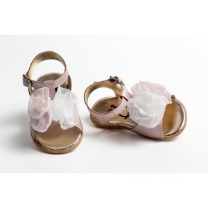 Baby girl first steps leather sandals shoes with muselin flowers