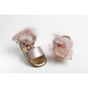 Baby girl first steps leather sandals shoes decorated with tulle with feathers and pearls
