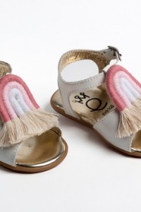 Baby girl first steps leather sandals shoes decorated with boho chic macrame rainbow