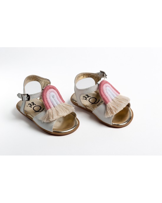 Baby girl first steps leather sandals shoes decorated with boho chic macrame rainbow Christening Shoes