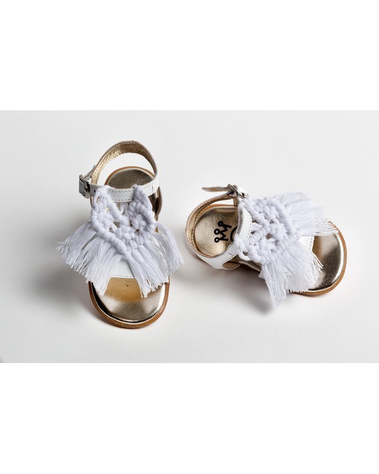 Baby girl first steps leather sandals shoes decorated with boho chic heart macrame  Christening Shoes
