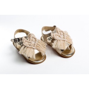 Baby girl first steps leather sandals shoes decorated with boho chic heart macrame 