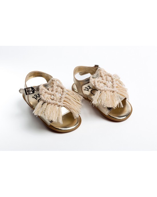Baby girl first steps leather sandals shoes decorated with boho chic heart macrame  Christening Shoes