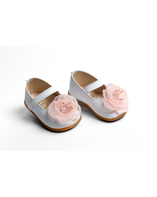 First steps baby girl leather shoes decorated with organza flower Christening Shoes