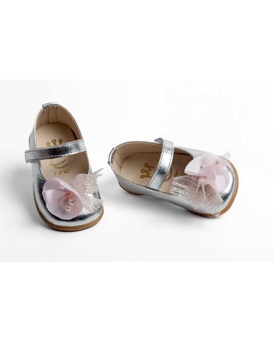 First steps baby girl leather shoes decorated with embroidered tulle with pearls, satin  and glitter tulle Christening Shoes
