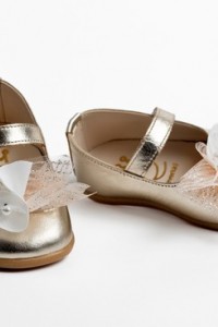 First steps baby girl leather shoes decorated with embroidered tulle with pearls, satin  and glitter tulle