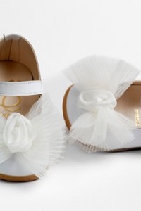 First steps baby girl leather shoes decorated with pleated  tulle and muselin flower