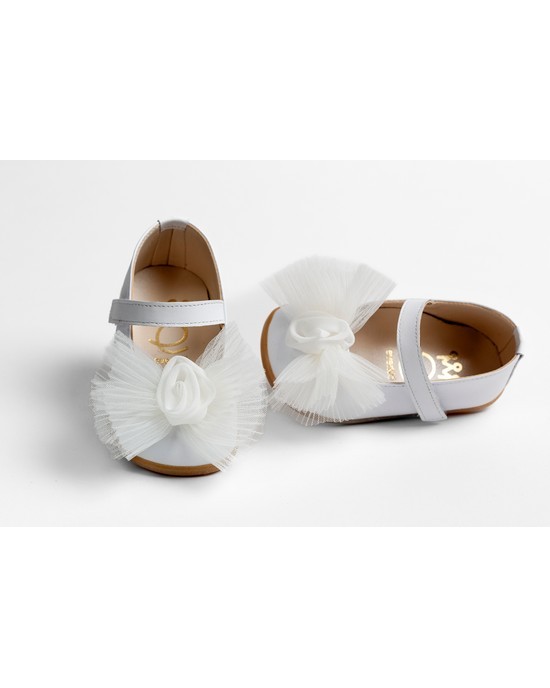 First steps baby girl leather shoes decorated with pleated  tulle and muselin flower Christening Shoes