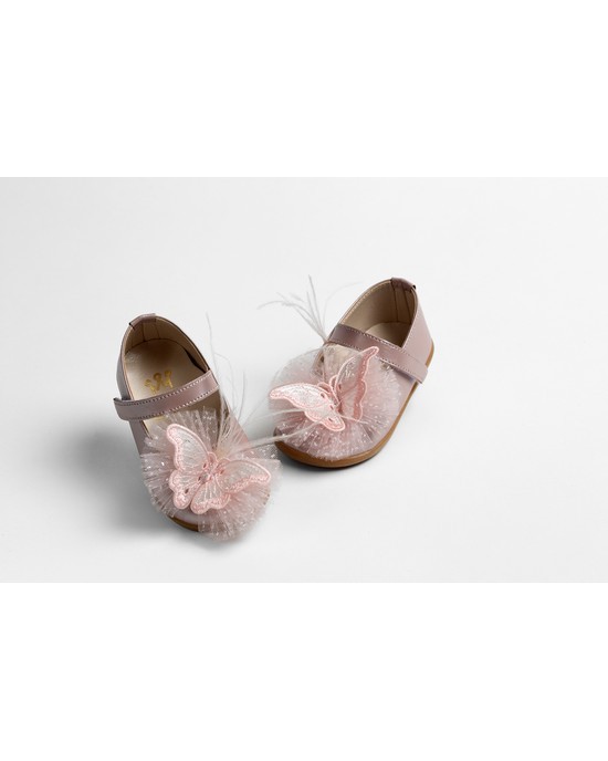 First steps baby girl leather shoes decorated with glitter tulle, butterfly and feathers Christening Shoes