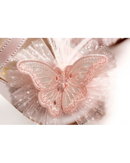 First steps baby girl leather shoes decorated with glitter tulle, butterfly and feathers Christening Shoes