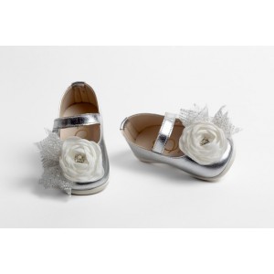 First steps baby girl leather shoes decorated with satin rose with strass and glitter tulle