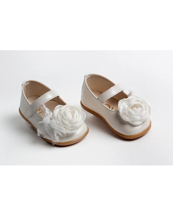 First steps baby girl leather shoes decorated with satin rose with strass and glitter tulle Christening Shoes
