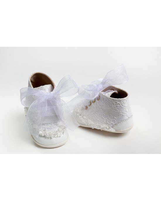 Baby girl first steps boot shoes made of white leather and satin, white lace and embroidered with pearls and sequins Christening Shoes