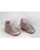 Baby girl first steps boot shoes made of leather and glitter textile, decorated with strass button Christening Shoes