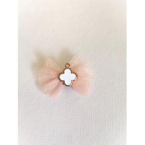 Christening martyrika for girl, for lapel, pink-salmon organza bow with white cross with gold details