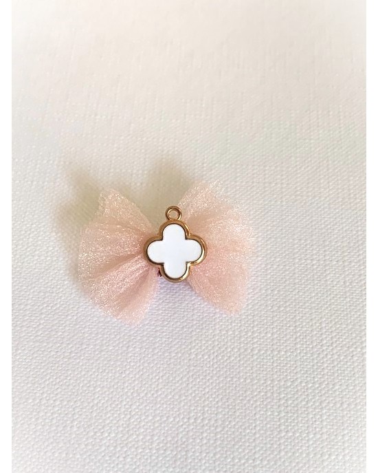 Christening martyrika for girl, for lapel, pink-salmon organza bow with white cross with gold details Martirika